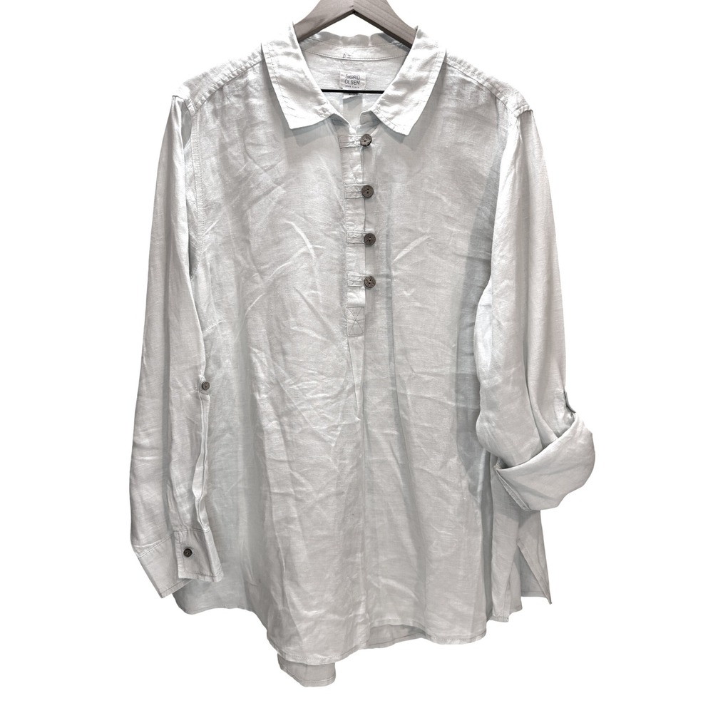 Sigrid Olsen Tunic Women 2X Light Blue 100% Linen Roll Tab Sleeve Button Up Top